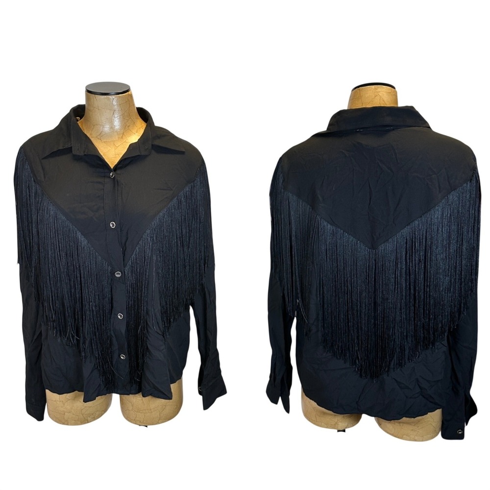 Savanna Jane Black Fringe Western Button‎ Down Shirt Medium Goth Cowgirl Edgy